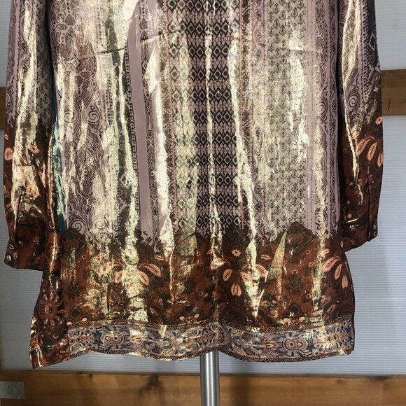 ETRO Metallic Silk Patterned Print Long Sleeve Side Slit Tunic Blouse Sz 44 ITA - Picture 9 of 16